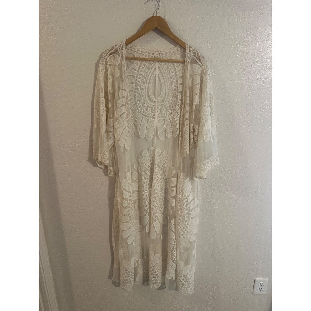 Y Adiva Cotton Ivory Short Sleeved Lace Antiqued Open Hippie Boho Kimono